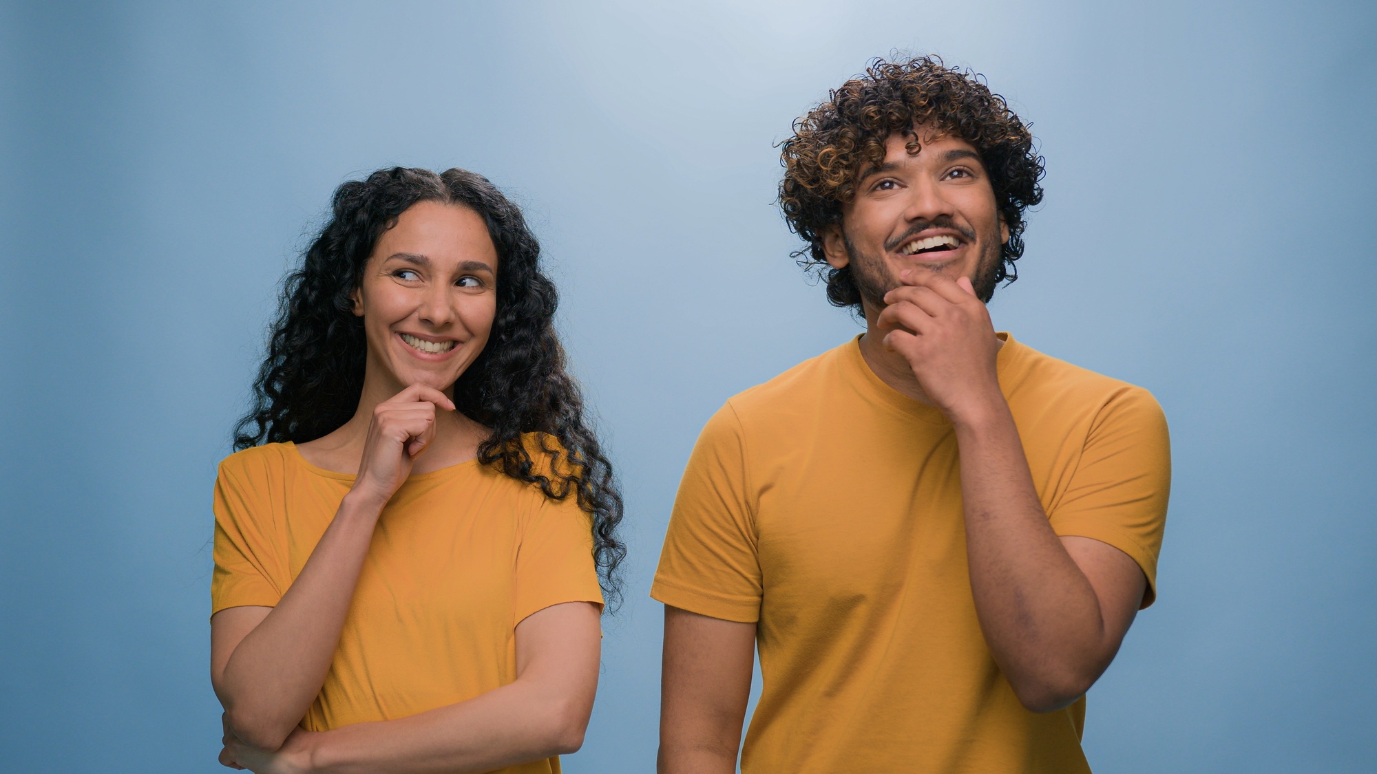 Multiracial diverse couple two friends family man woman together think pondering problem decision