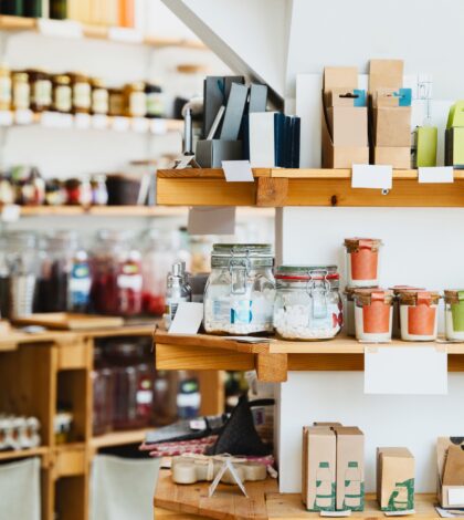 Zero waste shop interior. Wooden shelves with varieties of cosmetic products.