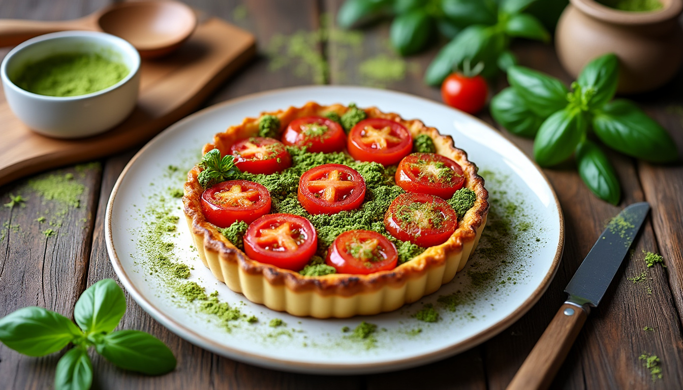 découvrez une recette originale de tarte tatin à la tomate relevée d'une touche de matcha, parfaite pour surprendre et régaler vos invités lors de vos repas entre amis ou en famille.