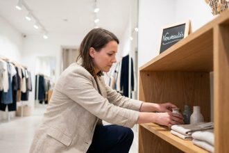 Femme arrangeant un coin nouveautés dans une boutique moderne avec des étagères en bois et une signalétique épurée