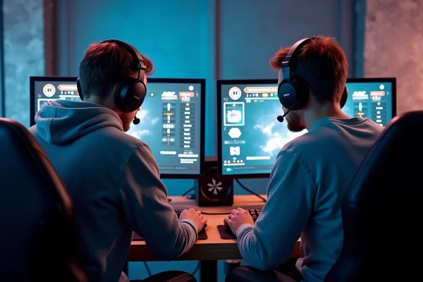 Deux joueurs collaborant pour optimiser un build pharmacien dans ARC Raiders lors d'une session LAN