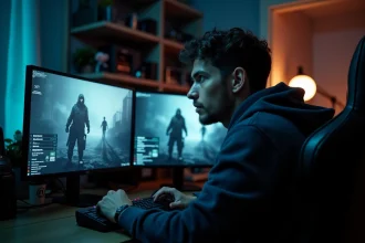 Joueur concentré optimisant le build de son personnage dans ARC Raiders sur un setup PC à double écran
