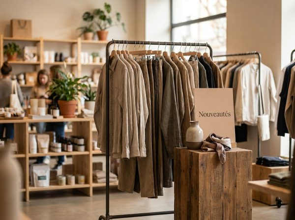 Coin nouveautés en magasin avec portant métallique, présentoir bois et signalétique dans une boutique lifestyle contemporaine