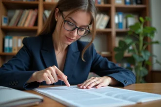 Femme consultant le Journal Officiel des associations loi 1901 à son bureau