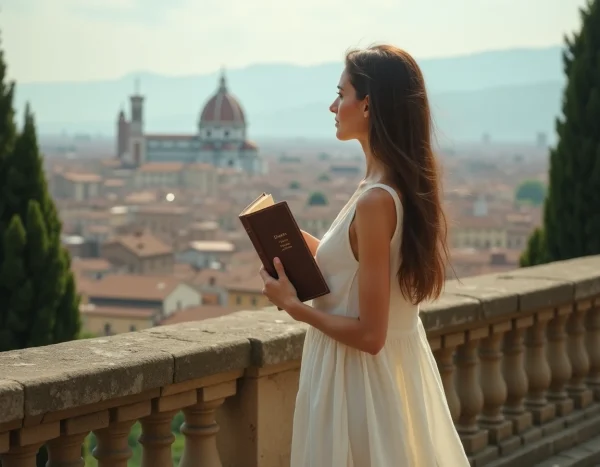 Jeune femme tenant un livre de poésie de Dante sur une terrasse florentine avec vue panoramique sur la ville