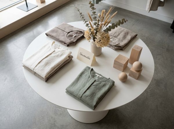 Vue de dessus d'un présentoir nouveautés soigneusement composé avec carte manuscrite et accessoires décoratifs dans un concept store