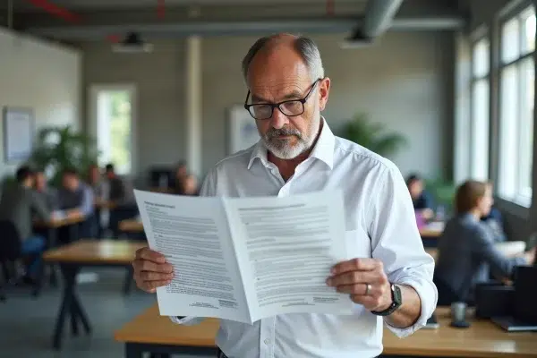 Homme comparant des documents officiels d'une association loi 1901 dans un espace de coworking