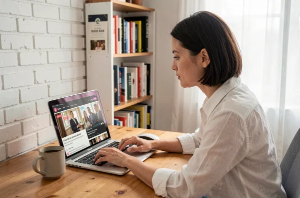 Femme accédant à un site de streaming français sur son ordinateur portable à domicile
