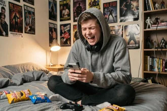 Adolescent qui rit en regardant des vidéos brainrot sur son smartphone dans sa chambre