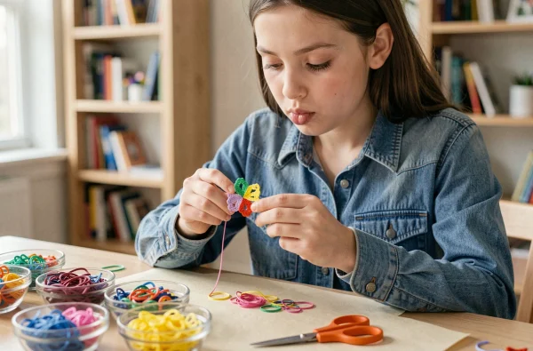 Adolescente concentrée en train de réaliser un scoubidou fleur double pétale à une table de bricolage