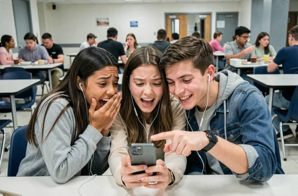 Groupe d'adolescents qui regardent ensemble des vidéos brainrot sur un téléphone à la cantine scolaire