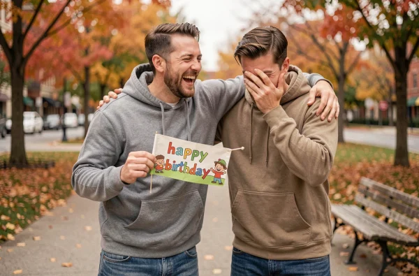 Deux amis riant ensemble en plein air avec une banderole d'anniversaire humoristique dans un parc