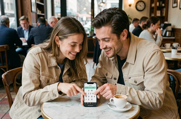Deux amis résolvant ensemble le mot de passe du jour Codycross sur smartphone dans un café, illustrant l'aspect ludique et collaboratif du jeu