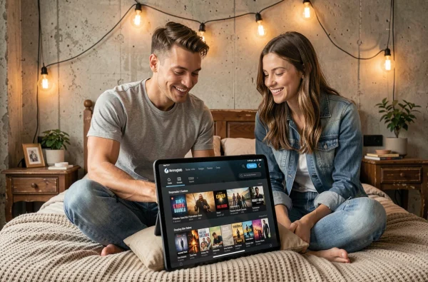 Deux amis regardant le catalogue d'un service de streaming français sur une tablette