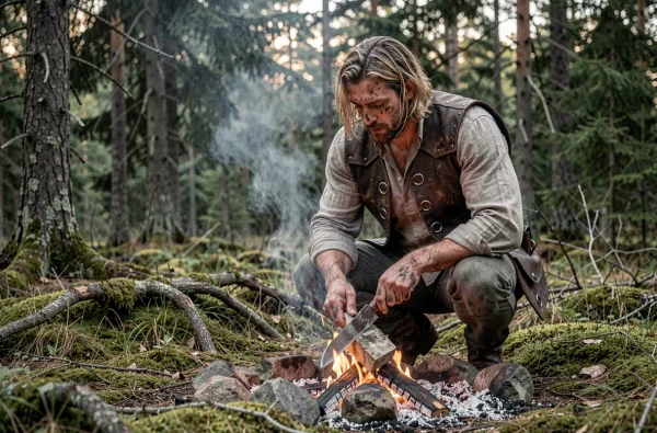 Guerrier nordique inspiré de Bjorn Lothbrok affûtant une lame au coin d'un feu de camp en forêt boréale