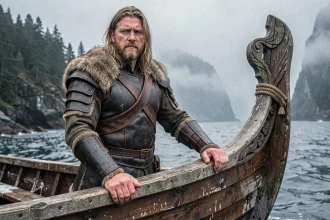 Guerrier viking inspiré de Bjorn Lothbrok debout à la proue d'un drakkar sur un fjord nordique brumeux