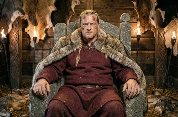 Chef viking inspiré de Bjorn roi assis sur un trône en pierre dans une grande salle nordique médiévale