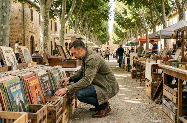Homme fouillant des disques vinyles dans une caisse en bois lors d'un vide grenier en Tarn-et-Garonne