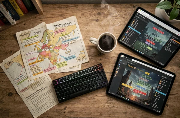 Vue aérienne d'un bureau de gamer avec guides annotés, cartes dessinées à la main et tablette affichant des arbres de compétences de jeu