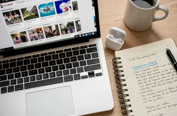Vue aérienne d'un bureau avec un ordinateur portable affichant une interface de navigation Reddit et des accessoires de travail