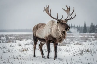 Caribou mâle adulte aux bois givrés debout sur la toundra canadienne enneigée en hiver
