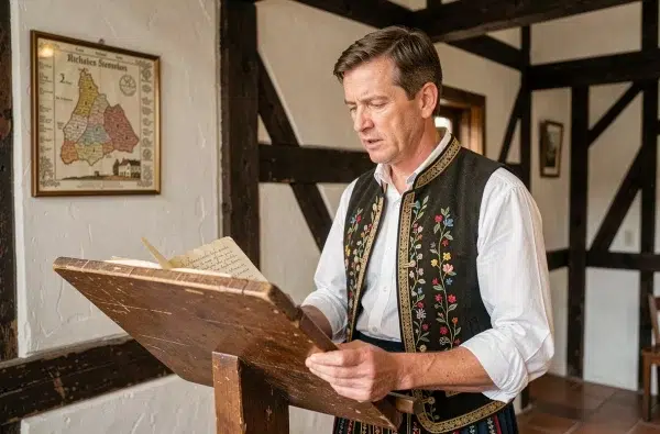Chanteur alsacien en costume traditionnel interprétant La Strasbourgeoise dans une salle historique
