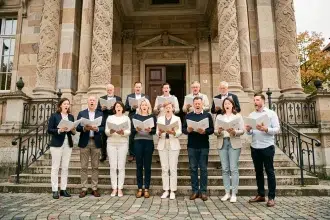 Chorale alsacienne chantant La Strasbourgeoise devant un bâtiment néoclassique à Strasbourg