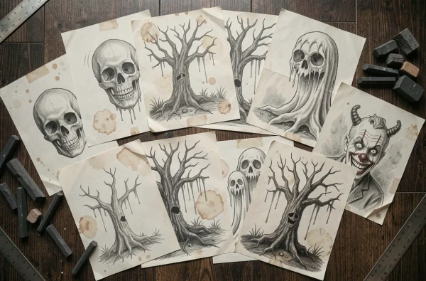 Vue du dessus de plusieurs dessins d'horreur faciles étalés sur plancher en bois, crânes fantômes et arbres hantés au crayon