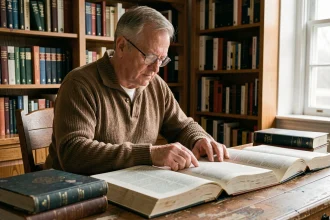 Homme d'âge mûr comparant trois versions de la Bible orthodoxe, protestante et catholique sur un bureau en bois