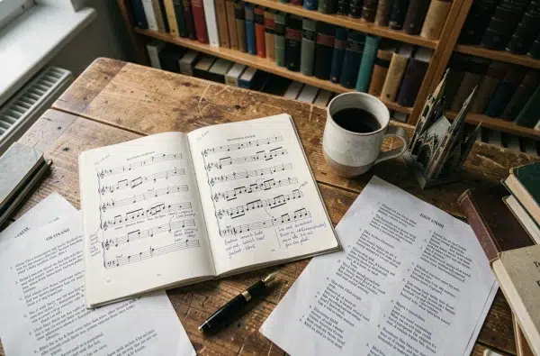 Comparatif de partitions et paroles manuscrites de La Strasbourgeoise sur un bureau de chercheur