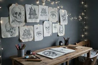 Chambre d'ado décorée de dessins d'horreur faits à la main accrochés au mur avec crânes et maisons hantées au crayon