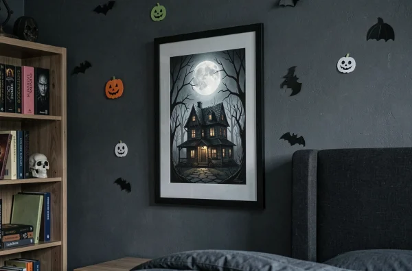 Dessin horreur encadré d'une maison hantée accroché sur mur gris anthracite dans une chambre d'adolescent décorée style gothique