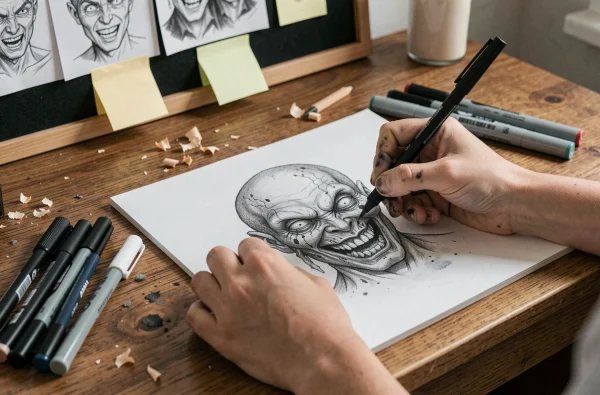 Mains d'adolescent dessinant un visage de monstre effrayant au crayon et encre sur papier blanc pour décoration de chambre