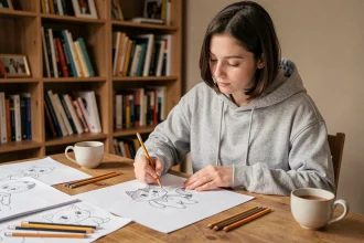 Jeune femme dessinant un personnage de chat stylisé de profil sur du papier à son bureau d'artiste
