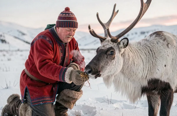 Éleveur sami en tenue traditionnelle nourrissant un renne dans un paysage enneigé de Norvège
