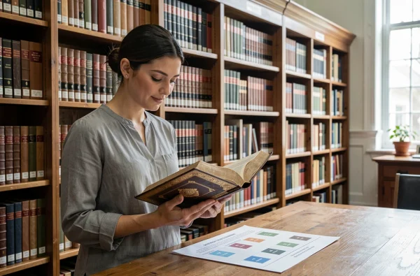 Jeune femme dans une bibliothèque universitaire consultant une Bible et un tableau comparatif des canons bibliques