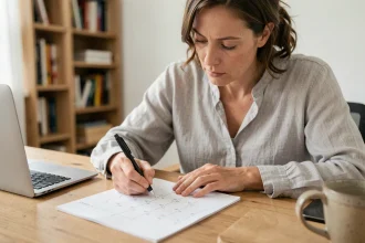 Femme calculant le nombre de jours entre deux dates sur un calendrier papier dans un bureau à domicile