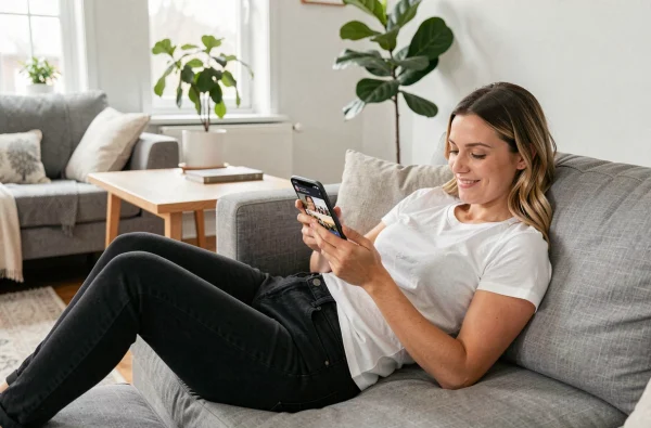 Femme utilisant une application de défilement infini sur smartphone allongée dans un salon scandinave