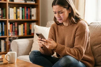 Femme jouant à un jeu de mots sur smartphone depuis son canapé, illustrant la résolution du mot de passe Codycross du jour