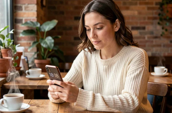 Femme contemplative dans un café regardant 18h18 sur son téléphone, moment de synchronicité des flammes jumelles