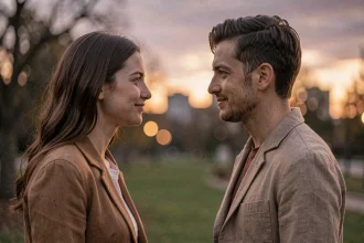 Couple de flammes jumelles se regardant intensément au crépuscule dans un parc urbain, symbolisant le lien spirituel de 18h18