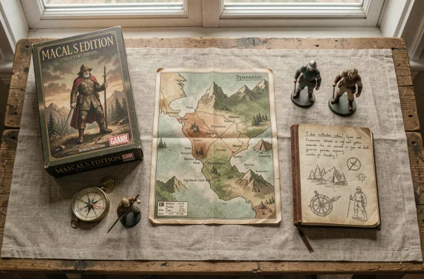Flat lay de contenu collector d'un jeu RPG avec carte illustrée, journal de notes, boussole et figurines sur table en bois