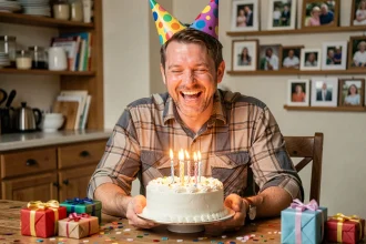 Homme d'anniversaire souriant avec chapeau de fête et gâteau d'anniversaire dans une cuisine conviviale