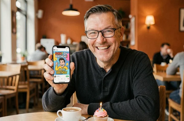Homme mature amusant tenant un smartphone avec message d'anniversaire humoristique dans un café