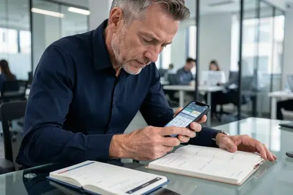 Homme utilisant une application de calcul de jours entre deux dates sur smartphone dans un bureau moderne