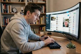 Homme naviguant sur des alternatives à Scrolller sur un grand écran incurvé dans un bureau moderne