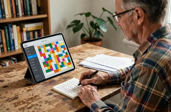 Homme résolvant un jeu de mots croisés sur tablette avec des notes manuscrites, représentant la stratégie pour trouver le mot de passe Codycross