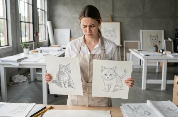 Illustratrice comparant deux croquis d'un personnage chat dessiné de profil et de face pour étudier les proportions