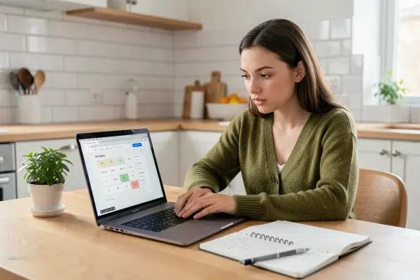 Jeune femme utilisant un calculateur de jours en ligne sur ordinateur portable dans une cuisine scandinave