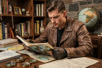Joueur adulte étudiant un guide de jeu illustré sur un bureau encombré de cartes et cahiers, ambiance aventure RPG